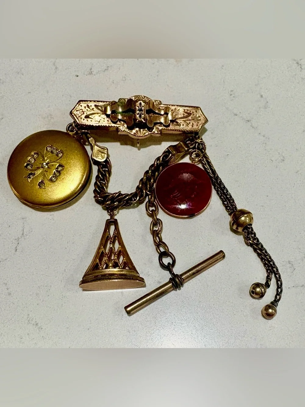 Antique Victorian 19thC Gold Chatelaine Brooch Locket Carnelian Fob Pin